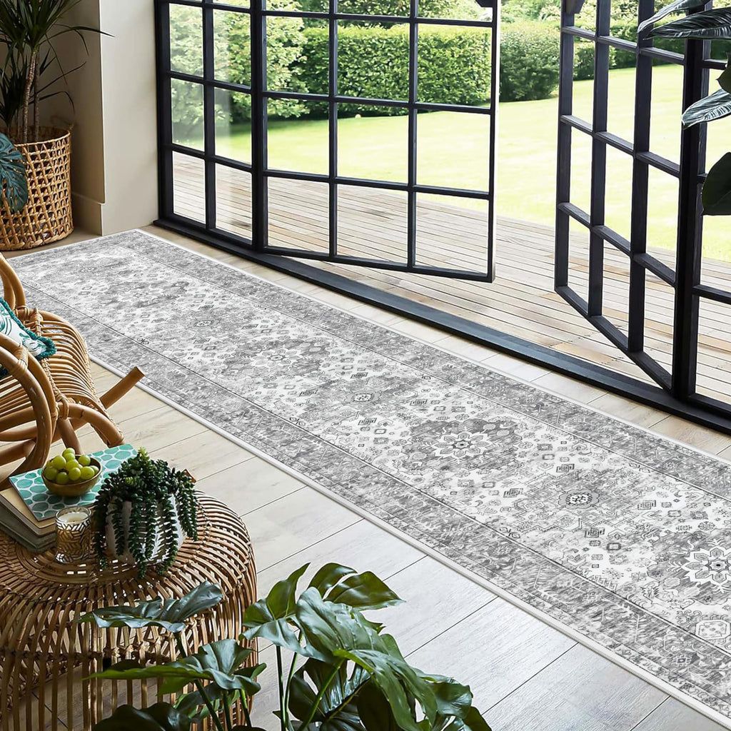 Hallway Runner Rug 2'6'' x 14', Washable Kitchen Runner, Vintage Grey
