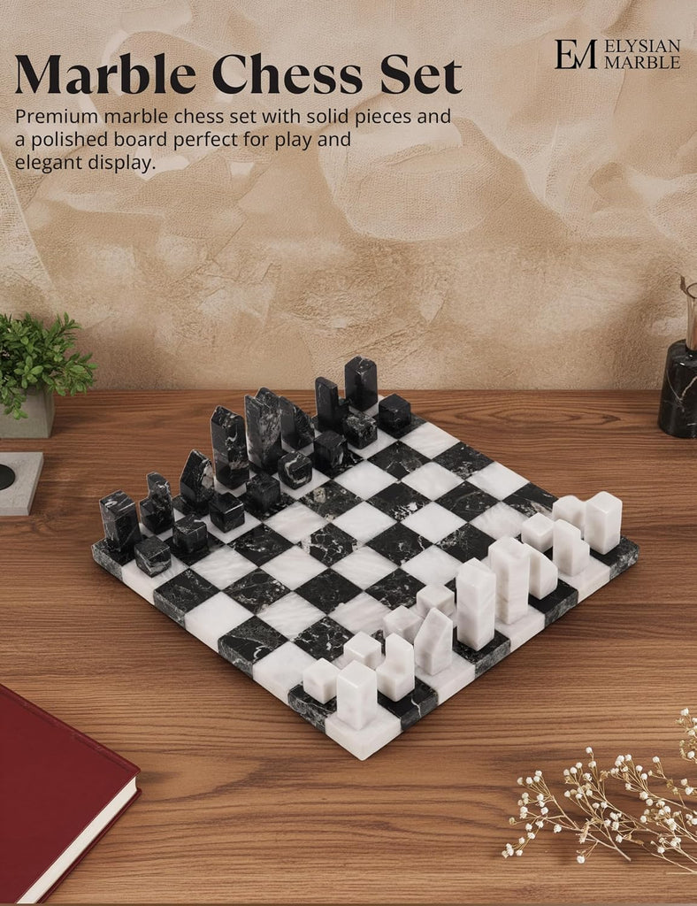 Modern Chess Set - Handcrafted Borderless Marble Chess Board with Minimalist Geometric Pieces, Luxury Decorative