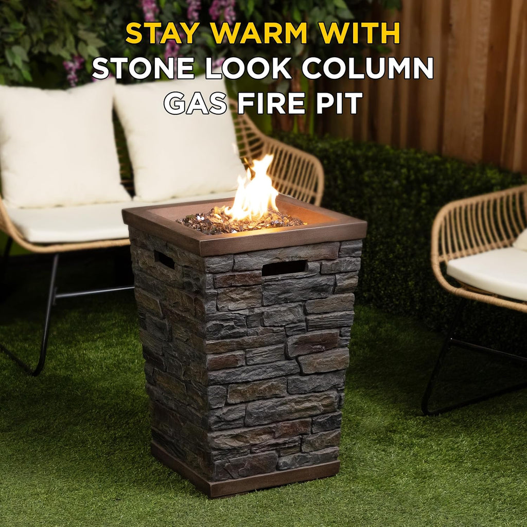 GXT966 Stone Look Column Gas Fire Pit with 32K BTU and Adjustable Flame, Cozy Patio Decor, 29" H, Multicolor