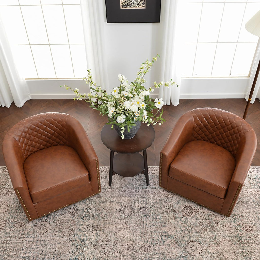 29" W Faux Leather Tufted PU Swivel Barrel Chairs, Brown - Set of 2