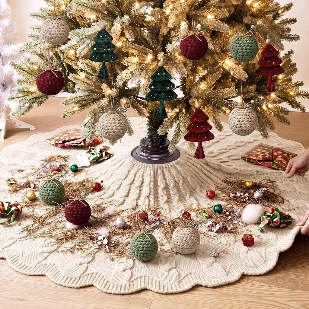 48 Inch Chunky Cable Knit Christmas Tree Skirt Beige