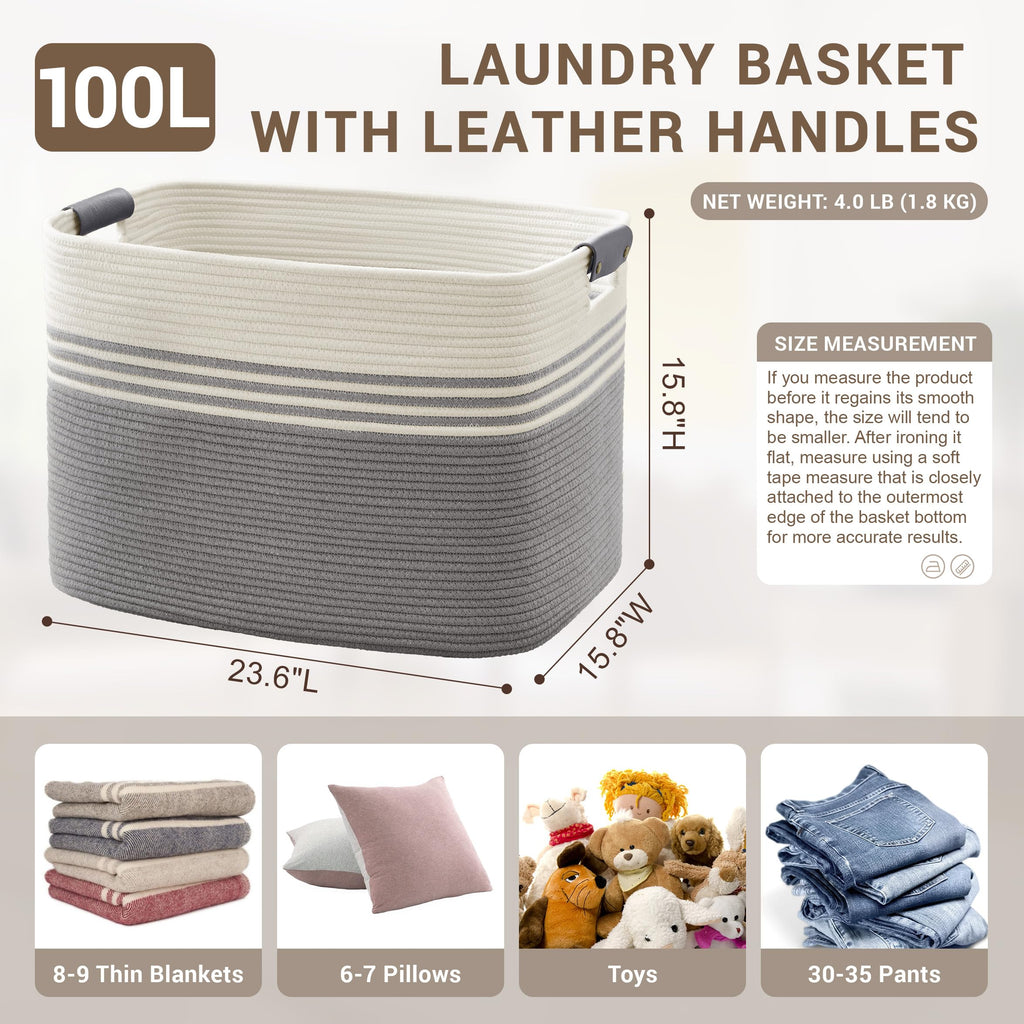 100L Large Woven Laundry Basket Hamper with Leather Handles,Grey