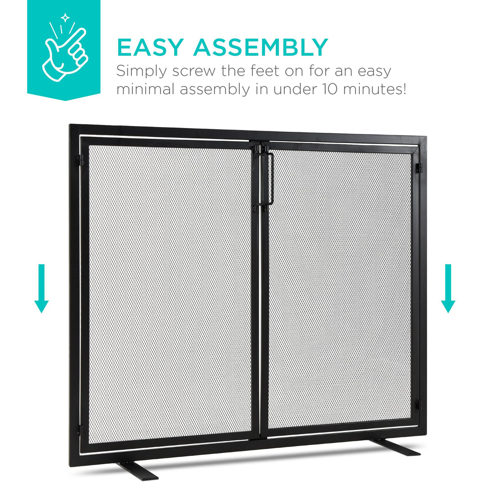 38.5x31in 2-Door Fireplace Screen, Handcrafted Wrought Iron Decorative Mesh Geometric Fire Spark Guard w/Magnetic