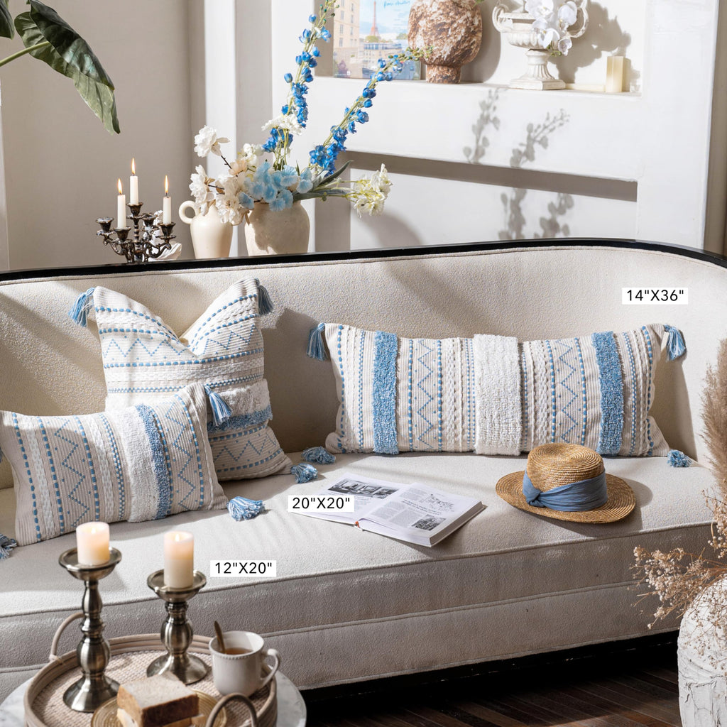 14x36 Lumbar Pillow Cover for Bed, Rectangular Long Decorative Throw Pillowcase, Boho Accent Cushion with Blue Tufted