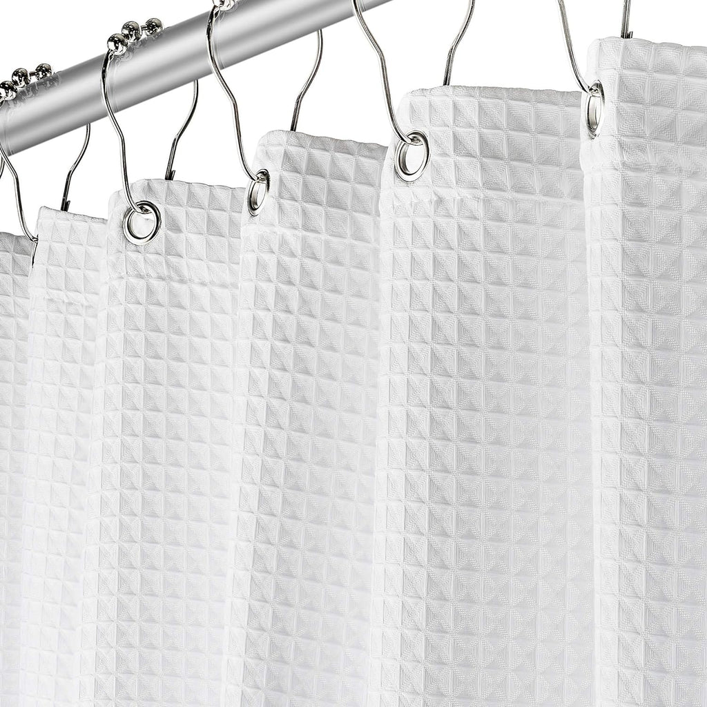White Fabric Shower Curtain 72x72 - Waffle Weave Bathroom Curtain, Water Repellent Hotel Spa Quality, Heavy Duty 230