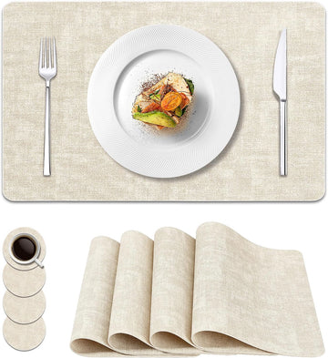 Vinyl Placemats, 17"x12" Wipeable Place Mats with Coasters - Set of 4