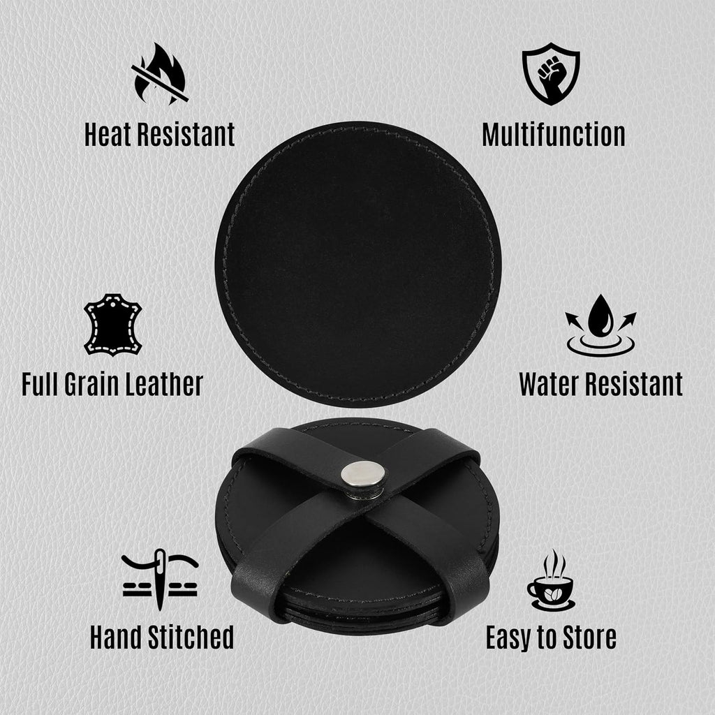 Genuine Leather, Premium Table Coasters by , Round, 4 inch, with Holster, Handcrafted, Hand Made, Non Slip - Set of 6