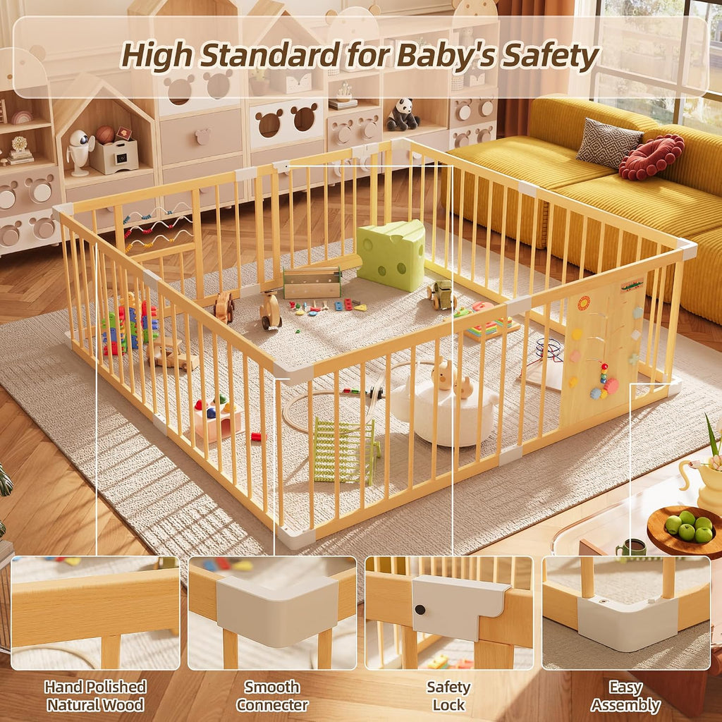 Wooden Baby Playpen with Locking Gate, Extra Large Playpen for Babies and Toddlers, Size Adjustable Activity Center