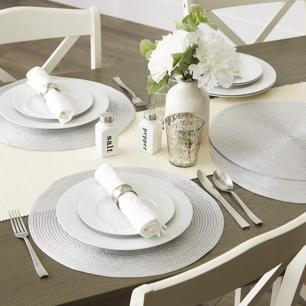 Woven Placemats Collection Metallic Round Placemat Set, 15", Platinum Silver, 4 Piece