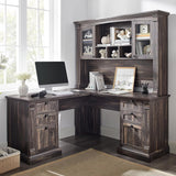60" L Shaped Executive Desk with Hutch and Drawers, Farmhouse Home Office Desk with Charging Station