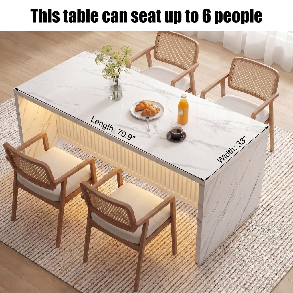 71'' Large Faux Marble Dining Table for 6 People, 37.4''H Tall Modern Kitchen Island with LED Lights, Rectangle