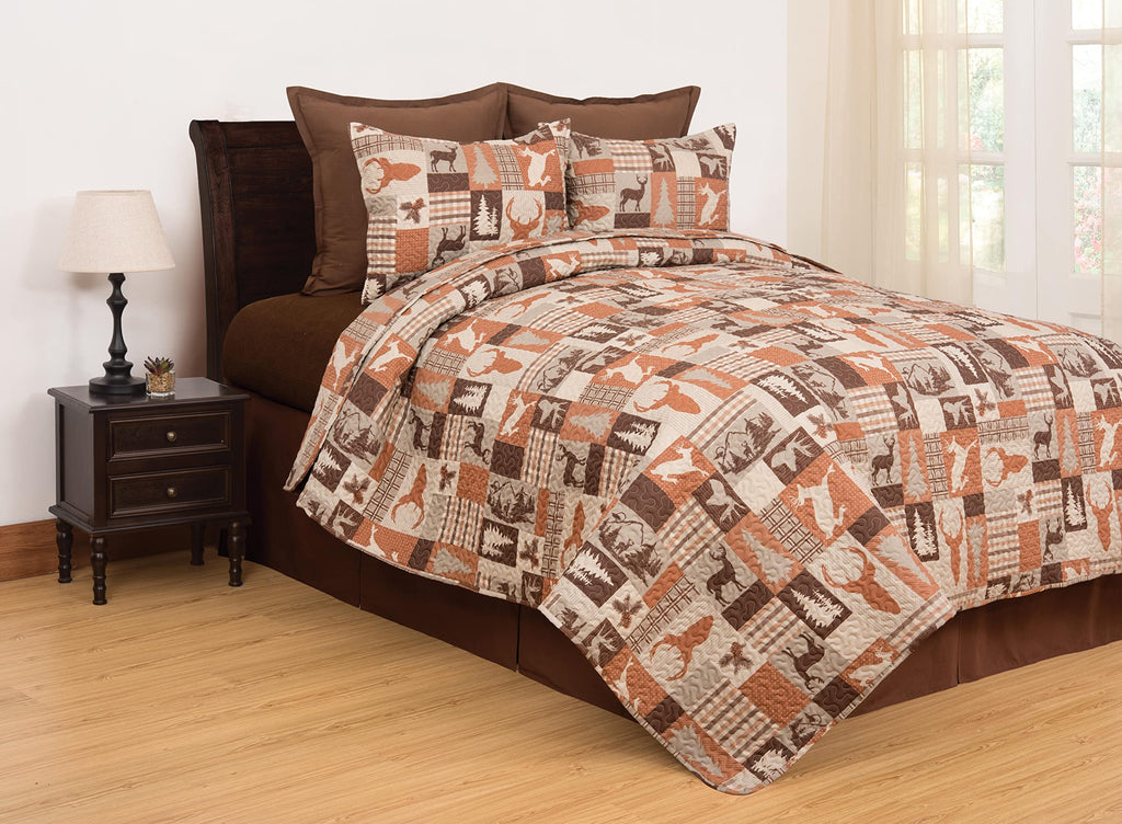 Rustic Buck Ridge Trail Cabin Lodge Deer Stag Pinecone Orange Brown Tan Bed 3-Piece Reversible Lightweight Quilt