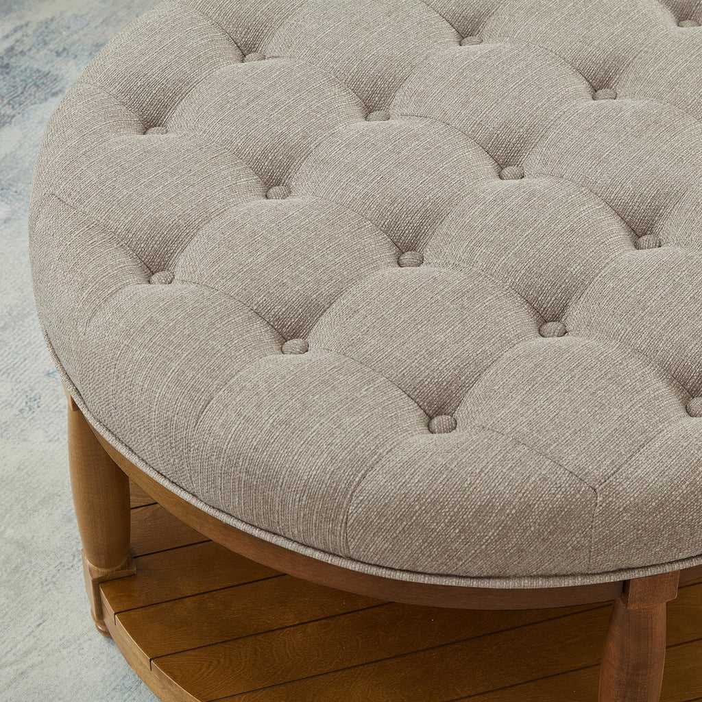 Large Round Upholstered Tufted Linen Ottoman Coffee Table with Solid Wood Frame and Open Storage Shelf, Upholstered