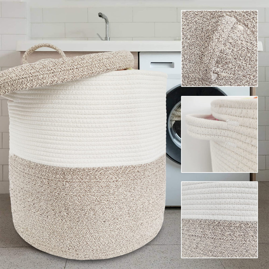 Large Storage Basket with Lid 60L, 16"Wx18"H Woven Laundry Hamper Basket with Handle, Room Decor Cotton Rope Wicker