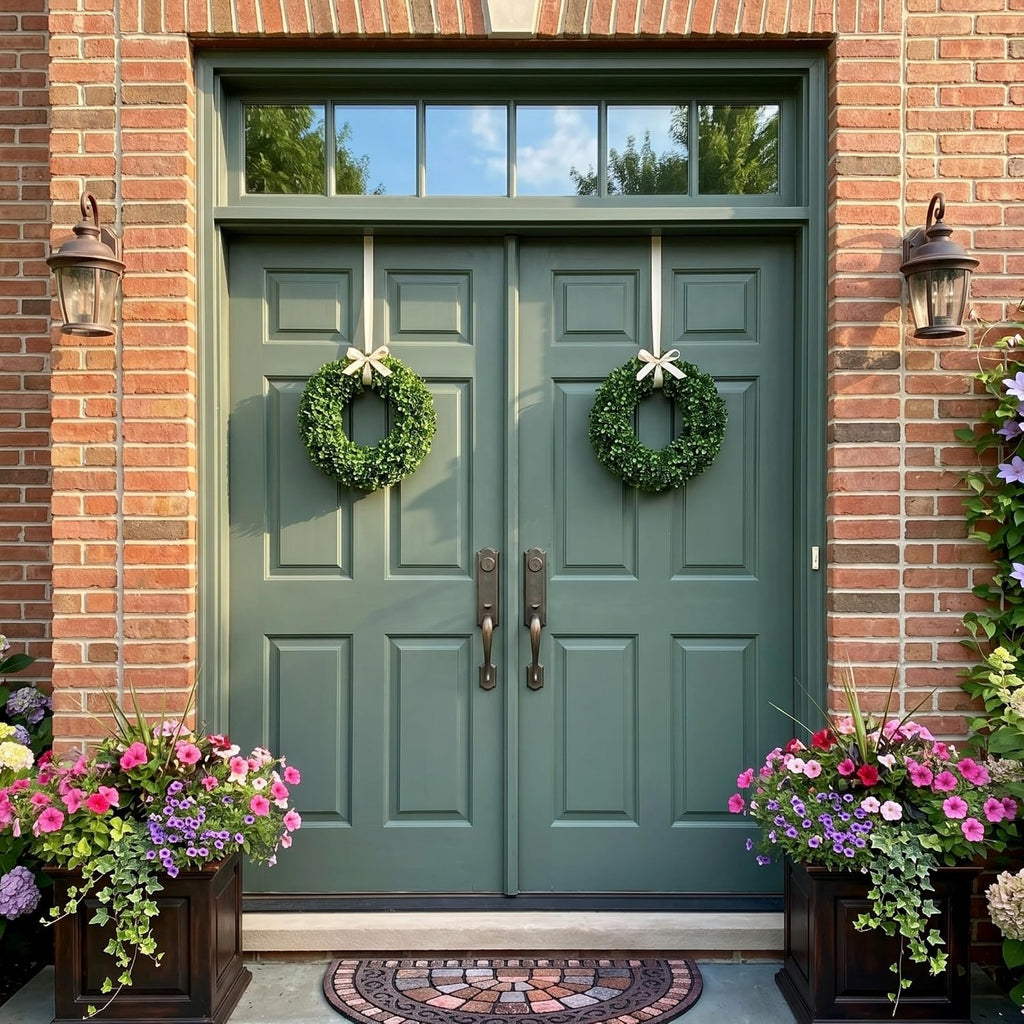 Round Boxwood Wreath for Front Door, Green, 16.5"