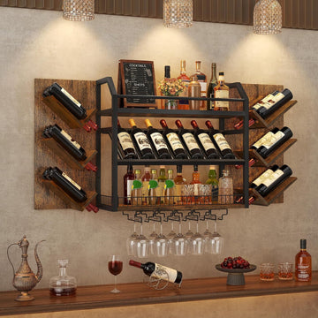 48.6in Wall Mounted Wine Rack, 3 Tier Hanging Wine Racks with Glass Holder, Large Capacity Bar Shelves, Metal Wood