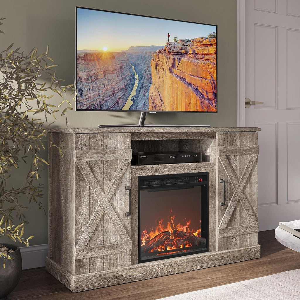 47 Inch TV Stand with 18 Inch Electric Fireplace Heater, Media Entertainment Center Console Table for TVs up to 50 Inches with Open Storage Shelves and Cabinets, Ashland Pine