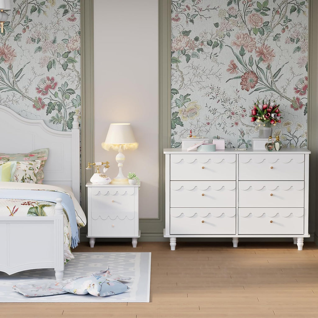 Nursery Chests and Dresser for Kids Bedroom Wood Scalloped 6 Drawer Dresser, Dressers & Chests of Drawers with Metal