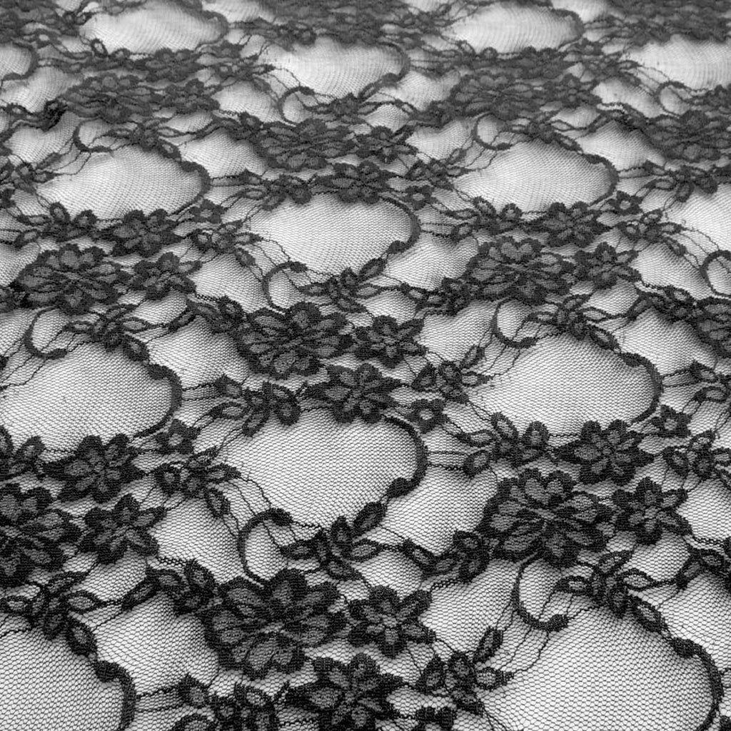 Black Giselle Floral Lace Fabric with 4 Way Stretch Polyester Spandex 58" Width Sheer Lightweight - Sold by The Yard