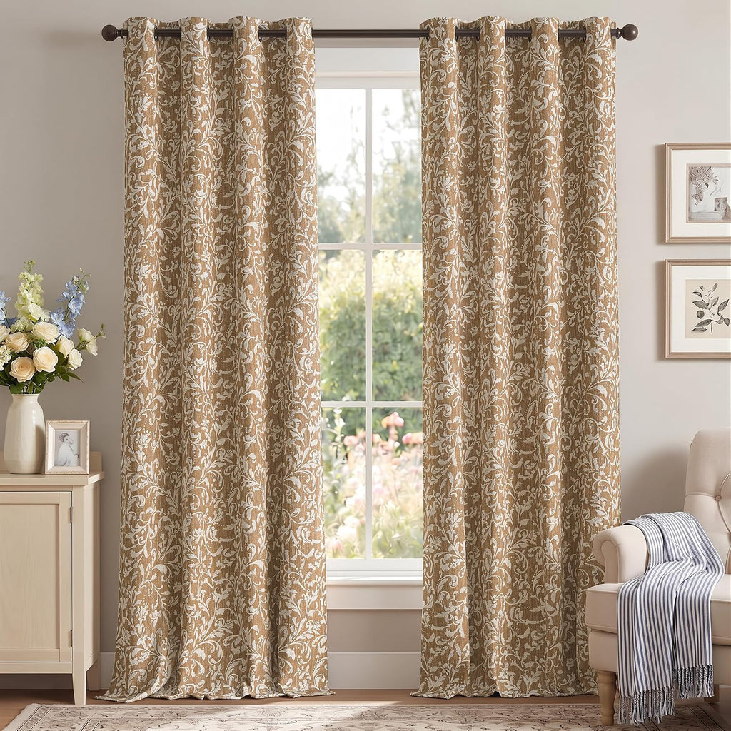 Blackout Curtains, Warm Taupe Scroll Floral Patterned Curtains 96 Inch Length Vintage Art Deco Drapes, Thermal