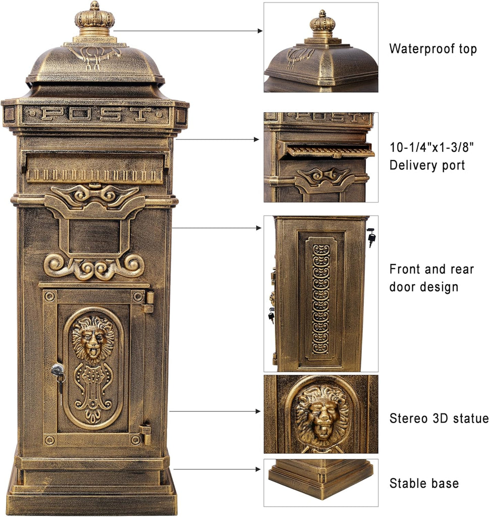 Copper Mailbox, Large Lockable Package Drop Box with Roman Statue, Rustproof Cast Aluminum Mail Boxes Mount Design (2)