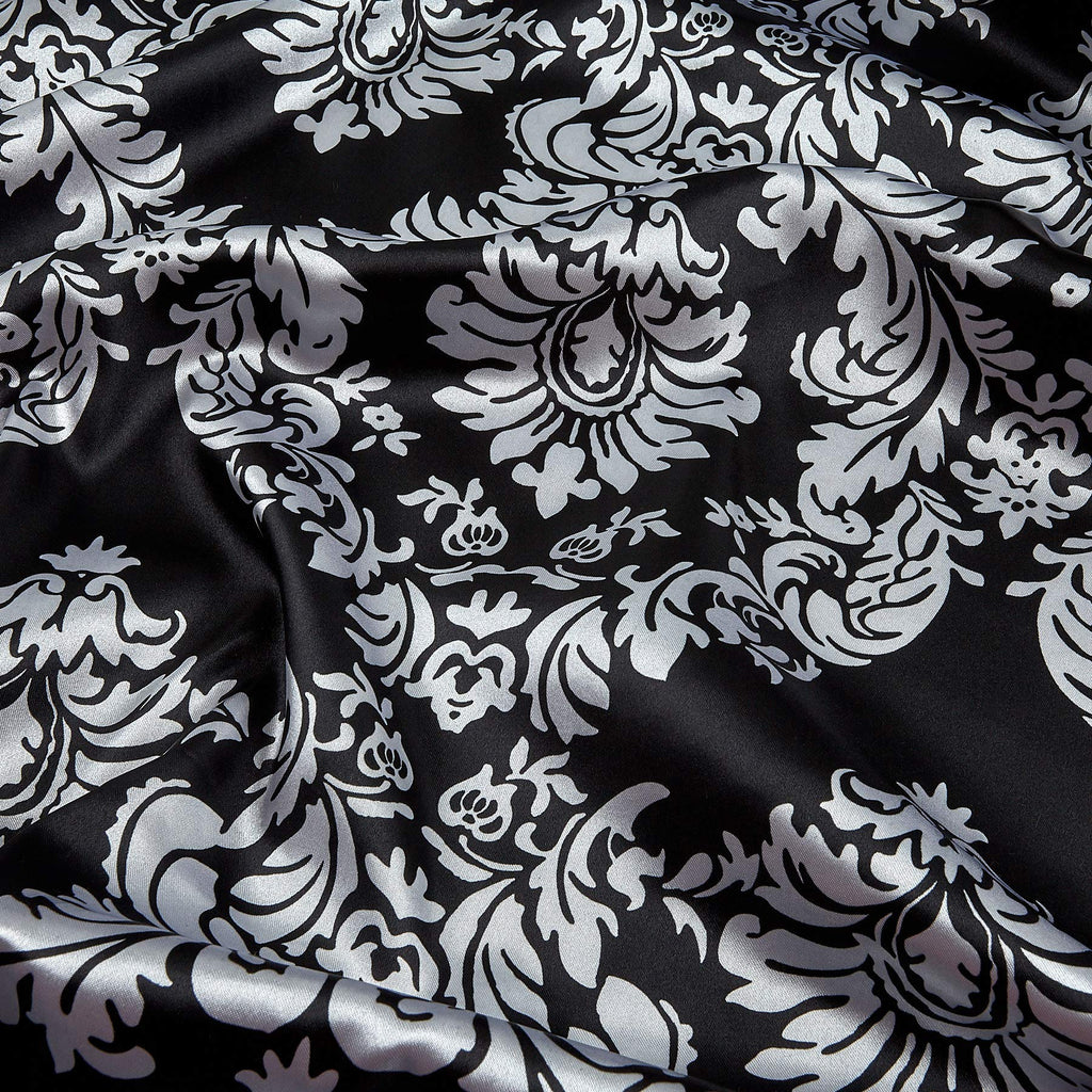 Charmeuse Satin Old Damask Black/White, Fabric by the Yard