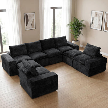 130" U Shaped Modular Sectional Sofa, 8 Seat Cloud Couch, Black