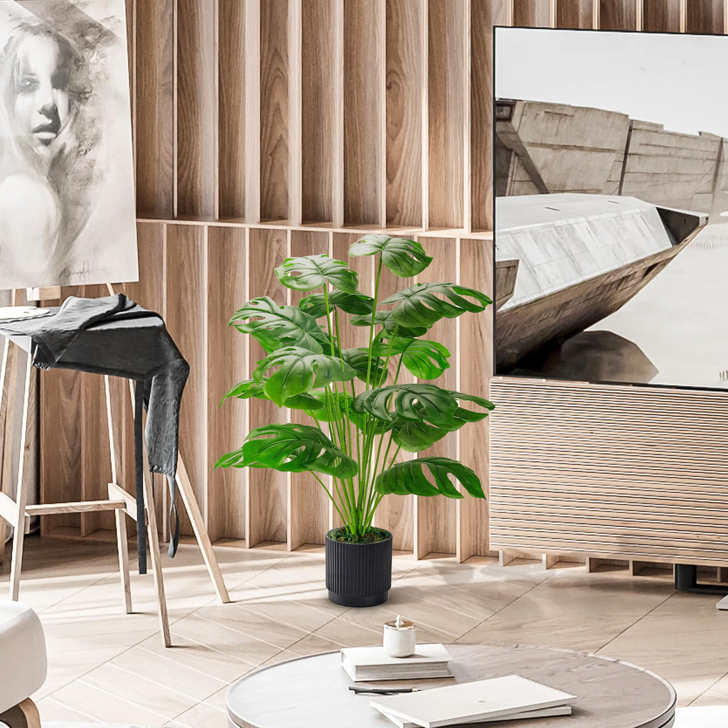 28" Fake Plants, Monstera Floor Plant, Black Pot Decor