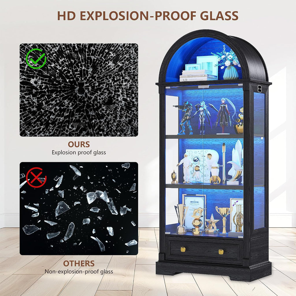 Black Curio Cabinet with Glass Doors, 72" Tall Arched Display Cabinet with Human Sensor Lights, 4-Tier Display Case