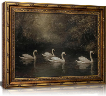 Vintage Gold Framed Swan Wall Art, Dark Academia Lake Swans Painting Canvas Prints, Moody Ethereal Animal Aesthetic
