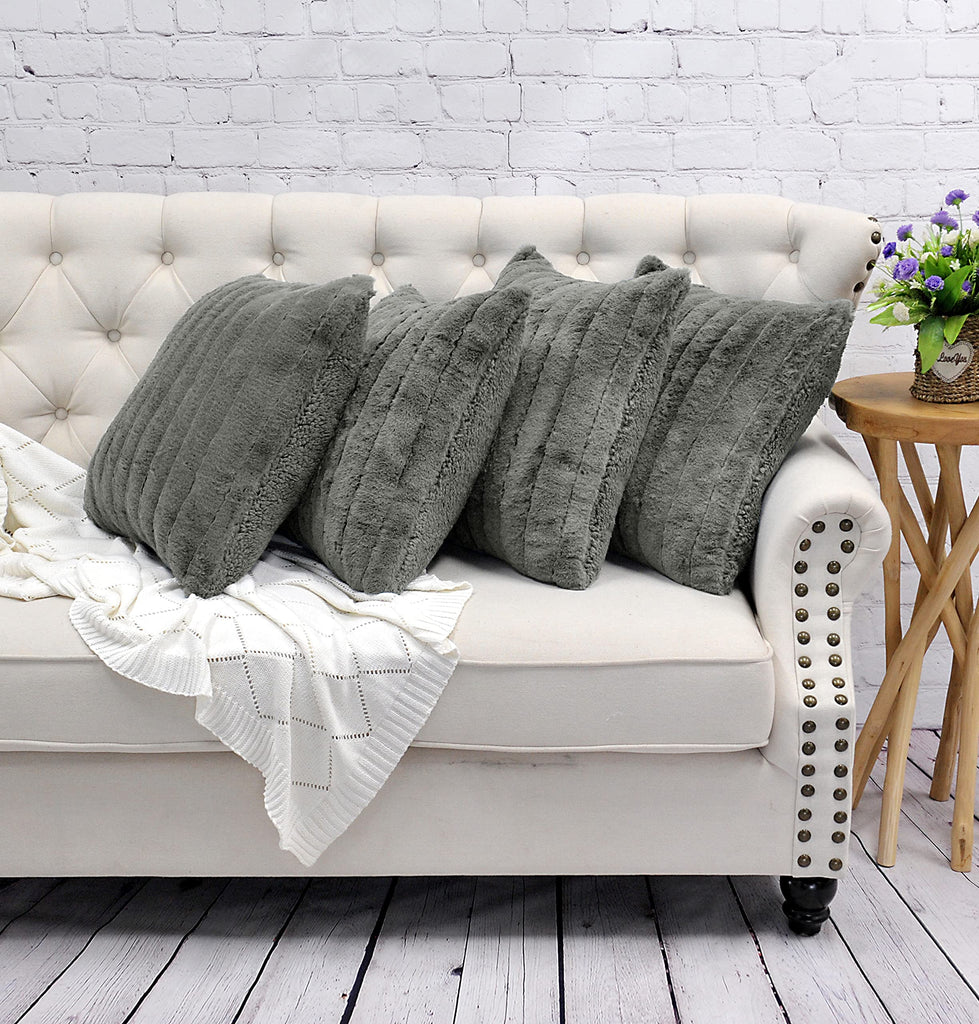 Striped Faux Fur Decorative Square Throw Pillow Covers with Sherpa Back 20 x 20 Inches Set of 4, Plush Soft Luxury