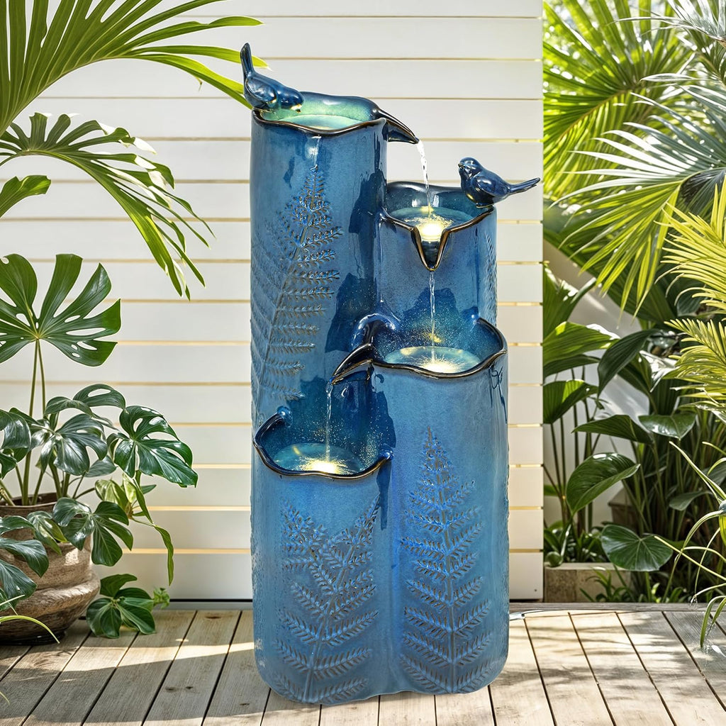 AUTODAYA 32" H Ceramic Outdoor Water Fountain, 4-Tier Tropical Cascading Waterfall with LED