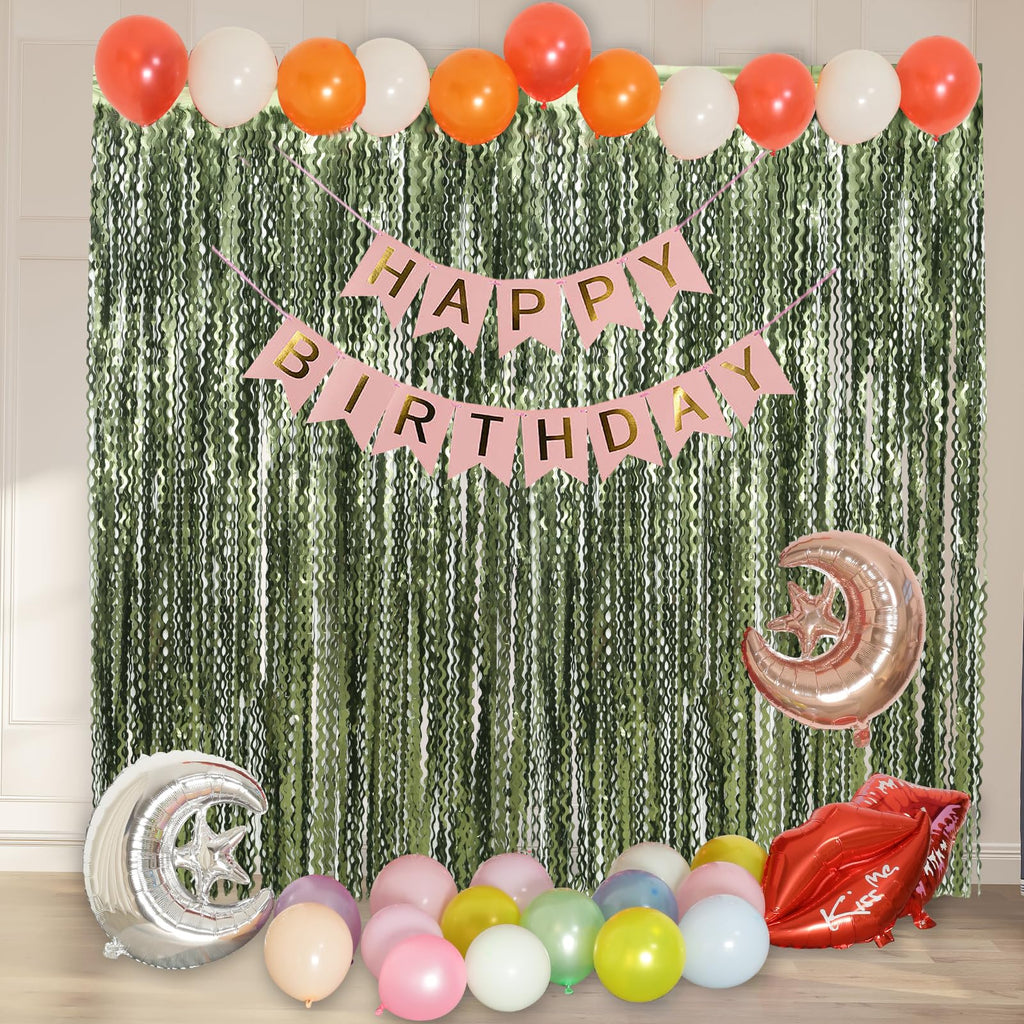 4 Pack Wavy Olive Green Streamers Backdrop Jungle Party Decorations - 3.3x6.6ft Foil Fringe Curtains Photo Booth for