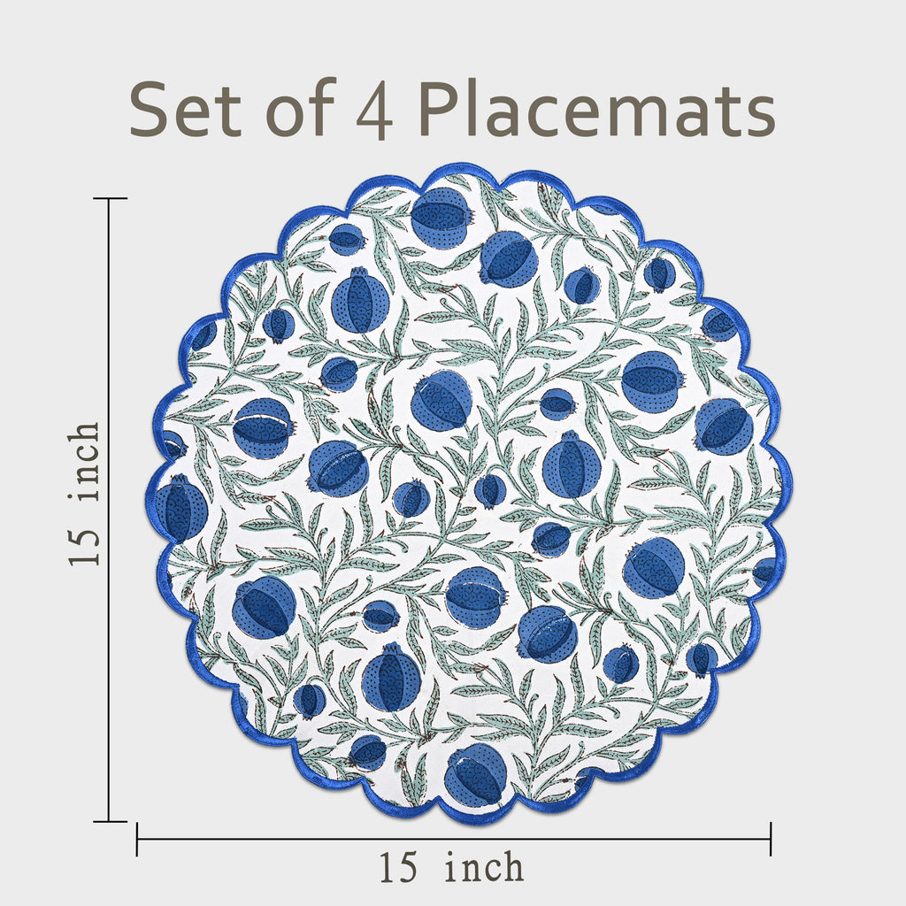 Floral Block Print Round Placemats 15 Inch, Set of 4, Queen Blue