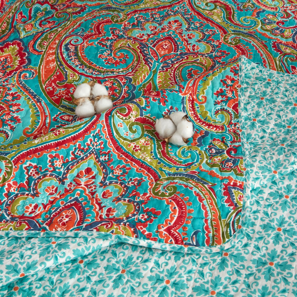 100% Cotton Boho Quilt Set King Size Vibrant Bohemian Paisley Bed Coverlet
