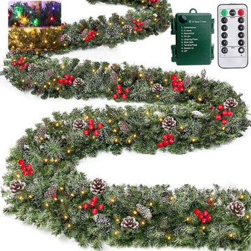 Remote Control&Super Long&8 Modes-18Ft Prelit Snowy Bristle Pine Christmas Garland for Stairs Door Porch Mantle