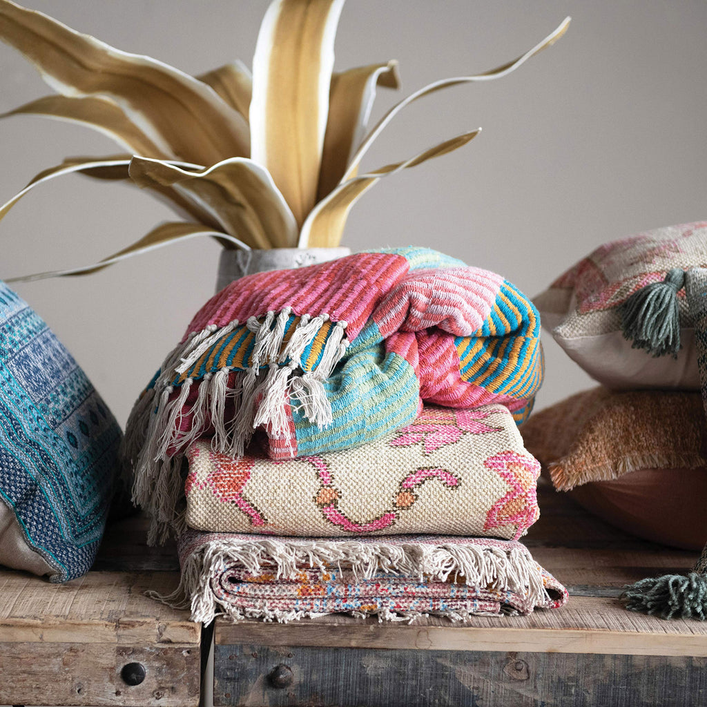 Woven Recycled Cotton Blend Striped Throw with Tassels, Multi Color