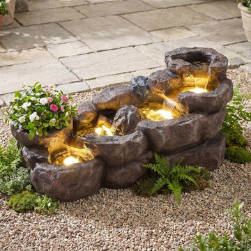 37.4" L Water Fountain Outdoor, 5-Tier Rock Cascading Water Feature | Garden Pool Fountains and Waterfalls with Warm