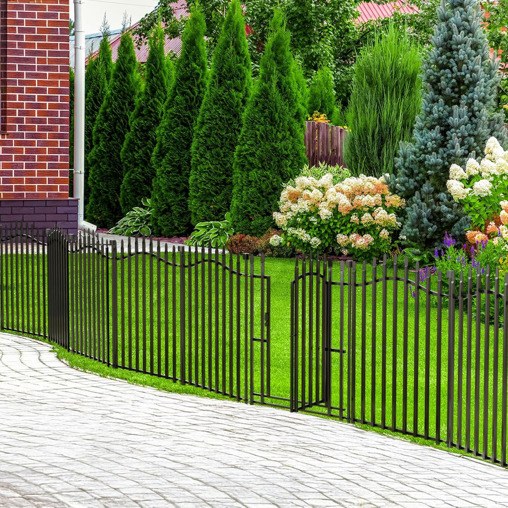10 Panels No Dig Decorative Garden Fence with Gate - 32in H x 22.5ft L, Reinforced Square Tube Rustproof Tall Animal