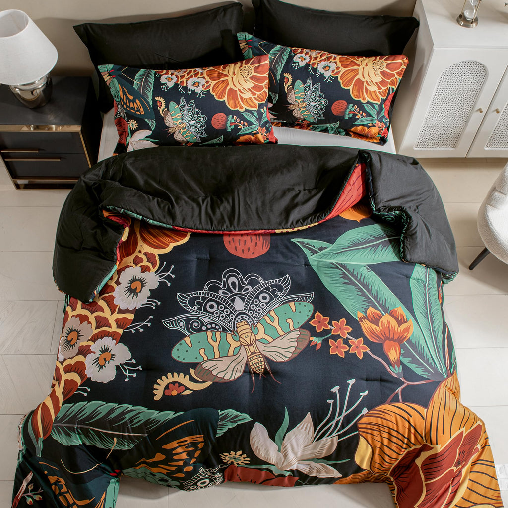 Black Boho Floral Comforter Set - 3 Piece Vintage Botanical Bedding Comforter Sets for All Season Soft