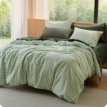 Gingham Duvet Cover Queen, 100% Washed Cotton Duvet Cover Linen‑Like, PureWoven with Reversible Yarn‑Dyed Design &