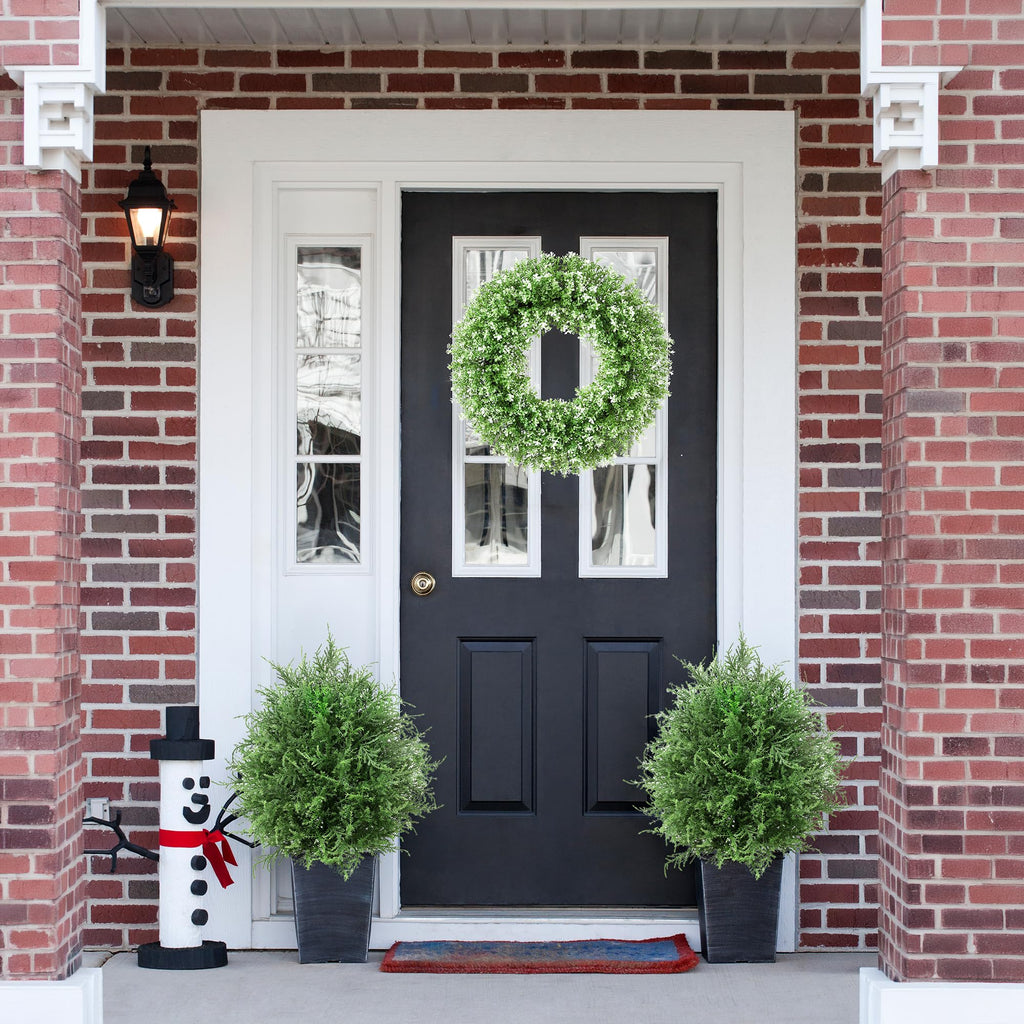 20" Artificial Cedar shrubs for Front Porch, Faux Cedar Ball Trees for Outdoors with Ground Spike, UV Resistant Faux