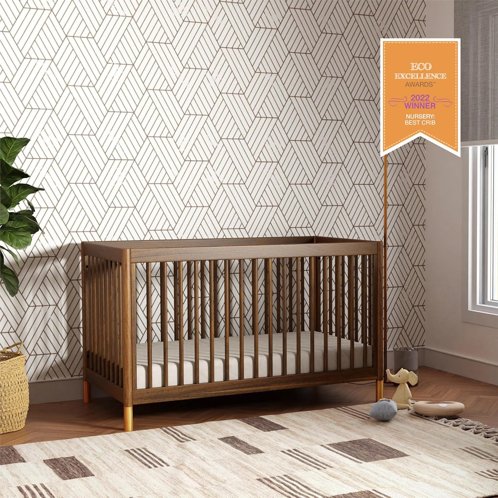 Gelato 4-in-1 Baby Crib, Natural Walnut & Brushed Gold Feet | GREENGUARD Gold Certified Convertible Crib - Converts