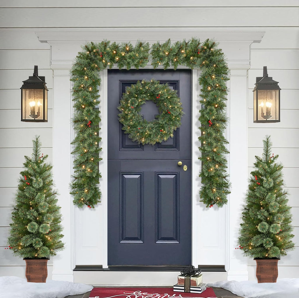 International 5-Piece Pre-Lit Artificial Christmas Décor Set Featuring 2 Trees, 1 Wreath, and 2 Garland