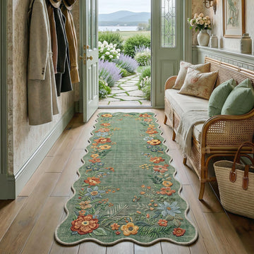 2x8 Hallway Runner Rug Washable Sage Green Floral Scalloped Boho