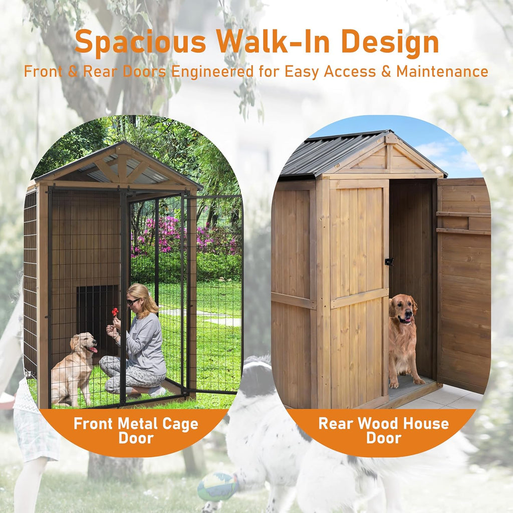4×8 FT Outdoor Dog House, Cedar Wood Large Dog Kennel, Steel Roof