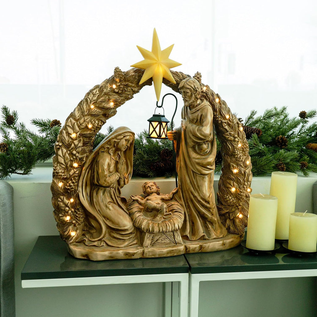 25" Tall Indoor/Outdoor Nativity Scene Lighted Holiday Decor with Warm White LED Lights, Christmas Displays, Brown