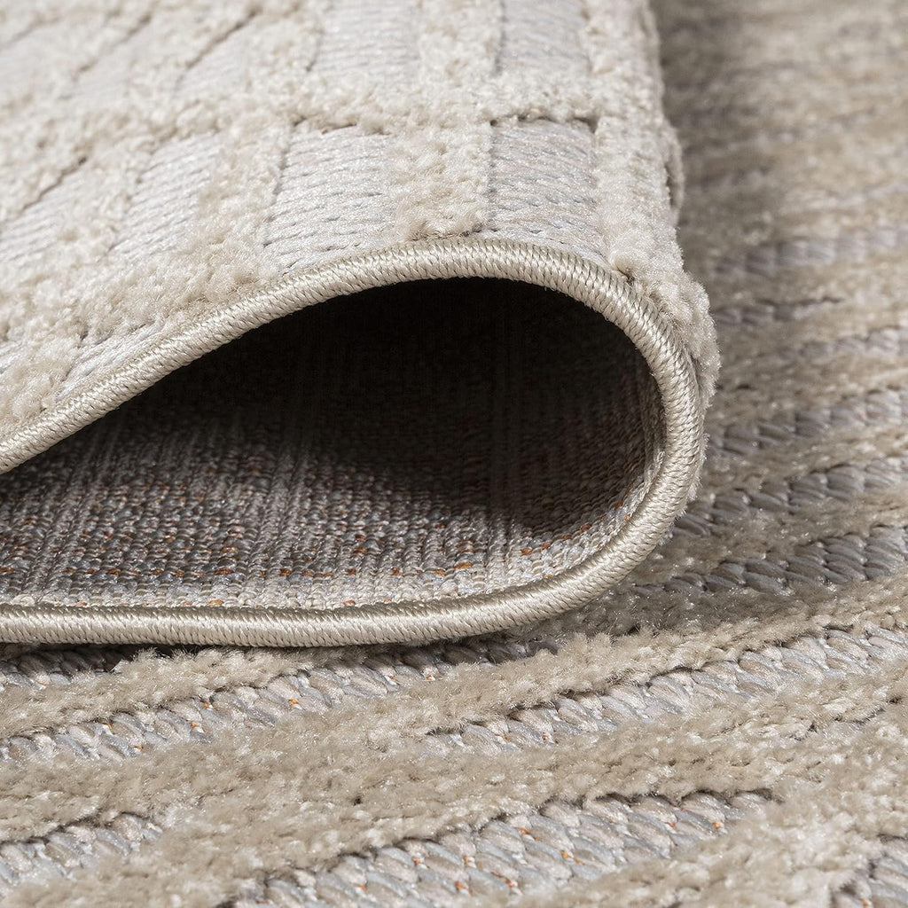 Moroccan Diamond Indoor Outdoor Area Rug Beige, Ararat High-Low Pile Modern for Backyard, Patio, Porch