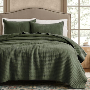100% Cotton Quilt Set, Channel Pick Stitch, Olive Green