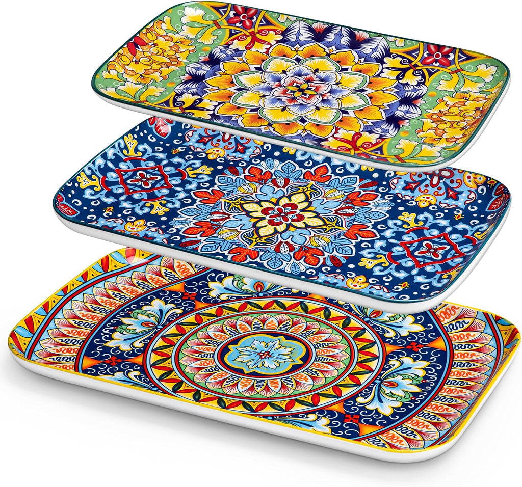 Serving Platters Set of 3, 16"/14"/12" In Rectangular Trays Retro | Ceramic Serving Dish for Entertaining Food